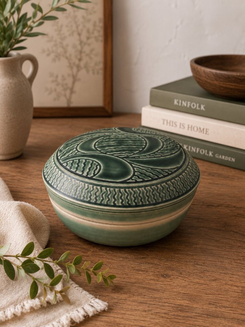 VTG Paul Pfrehm Signed Lidded Stoneware Pottery Dish Jar Green Studio Pottery